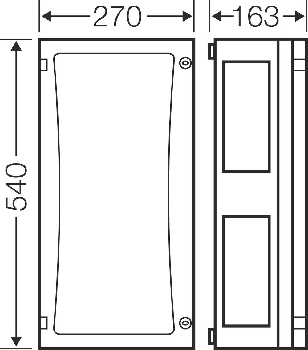 Technische Zeichnung eines rechteckigen Objekts mit Maßen: 270 mm x 163 mm x 540 mm. Vorder- und Seitenansicht gezeigt.