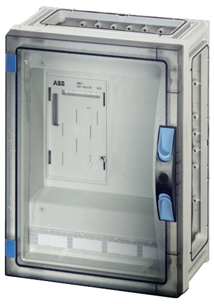 Mehrzweck-Kunststoffgehäuse mit transparenter Tür und blauen Details, geeignet zur Wandmontage für Elektroinstallationen.