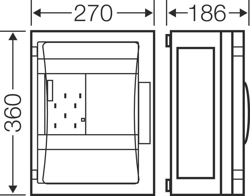 Technische Zeichnung eines rechteckigen Geräts mit Maßen: Breite 270 mm, Höhe 360 mm, Tiefe 186 mm. Draufsicht und Seitenansicht.