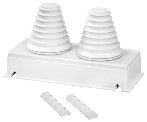 Dachführung aus Kunststoff mit zwei konischen Öffnungen zur Abdichtung von Kabeln oder Rohren, inklusive Abdeckungen.