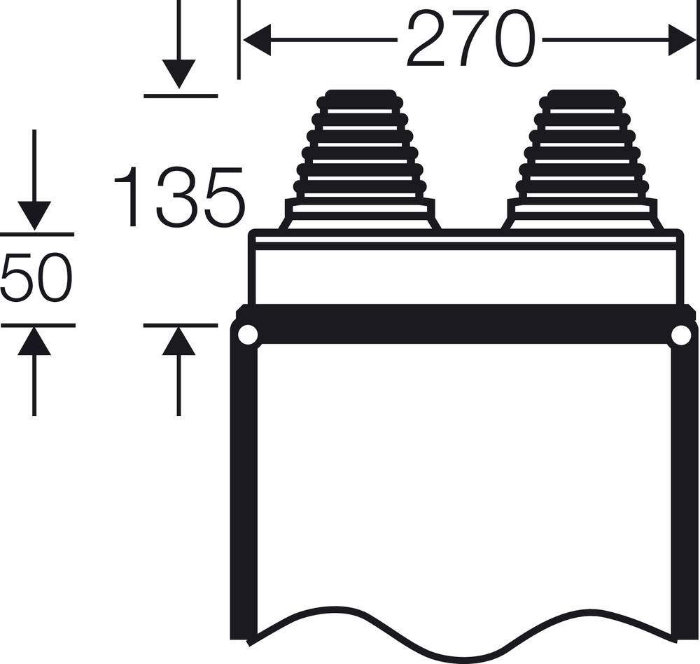 Skizze eines technischen Bauteils mit Maßen: Breite 270 mm, Höhe 135 mm, extra Höhe 50 mm für zwei geriffelte Munstücke oben.