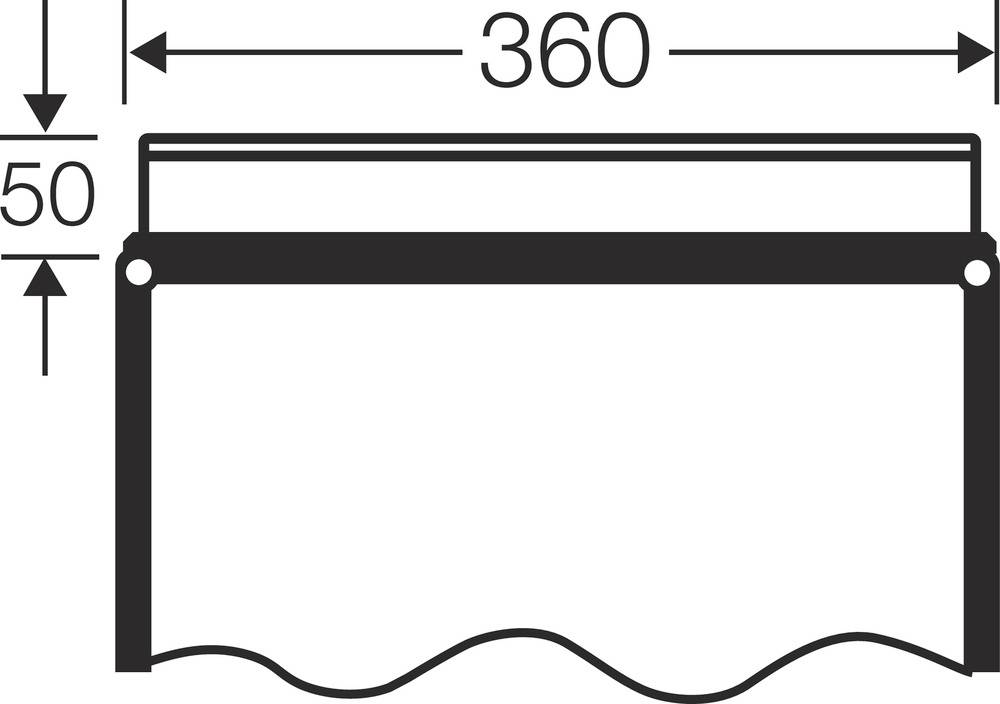 Technische Zeichnung eines rechteckigen Objekts mit den Maßen 360 x 50. Oben eine gerade Linie, unten eine gewellte Linie.
