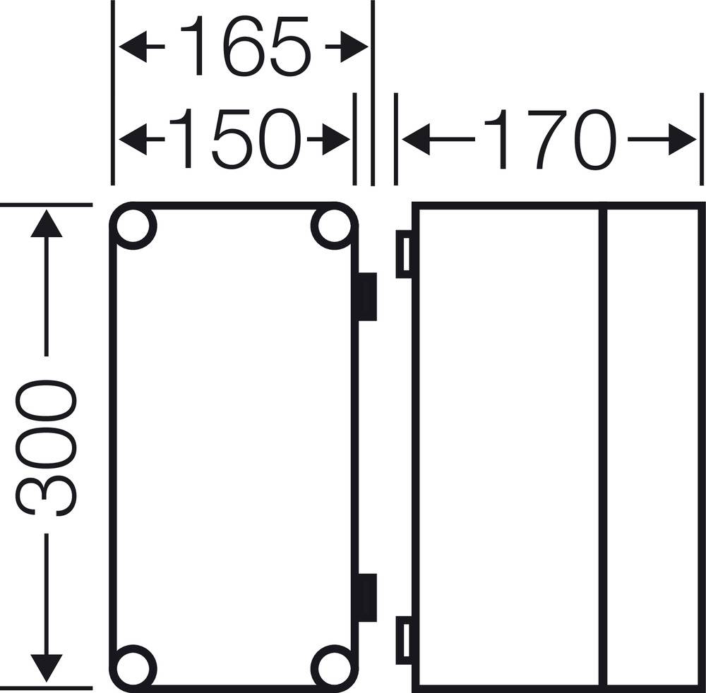 Zeichnung eines rechteckigen Kastens mit den Maßen: Breite 165 mm, Höhe 300 mm, Länge 170 mm. Zusätzliche Maßlinie zeigt 150 mm.