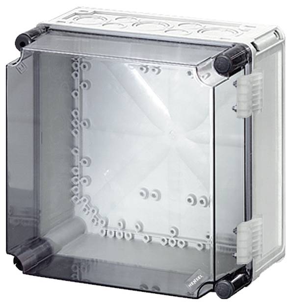 Transparenter Elektrokasten aus Kunststoff mit abnehmbarem Deckel, geeignet für den Schutz von elektrischen Komponenten.