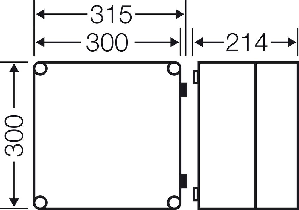 Technische Zeichnung eines quadratischen Gehäuses mit Maßen: Breite 315 mm, Tiefe 214 mm, Höhe 300 mm. Ansicht von oben und von der Seite.