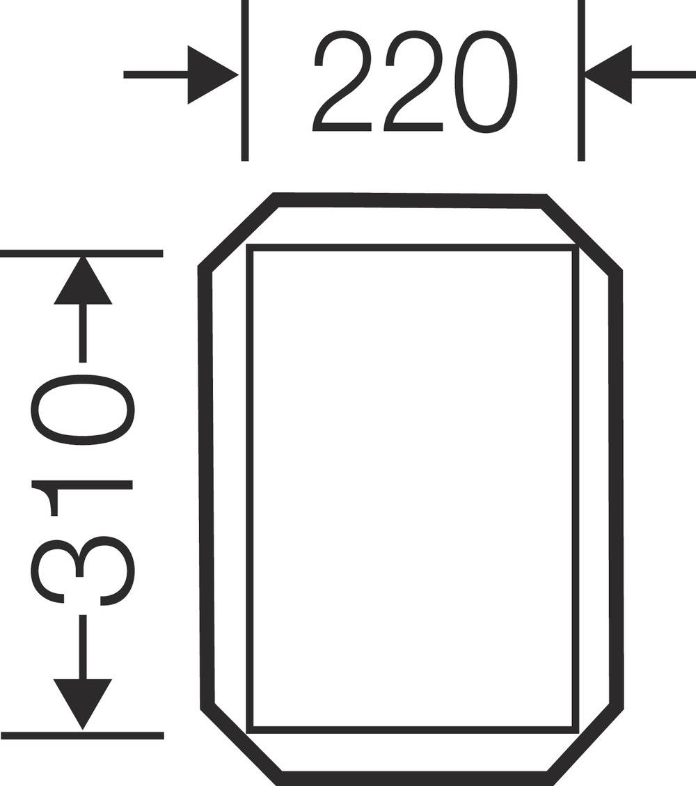 Technische Zeichnung eines rechteckigen 3D-Objekts mit abgeschrägten Ecken, Maßen: 220 Breite x 310 Höhe.