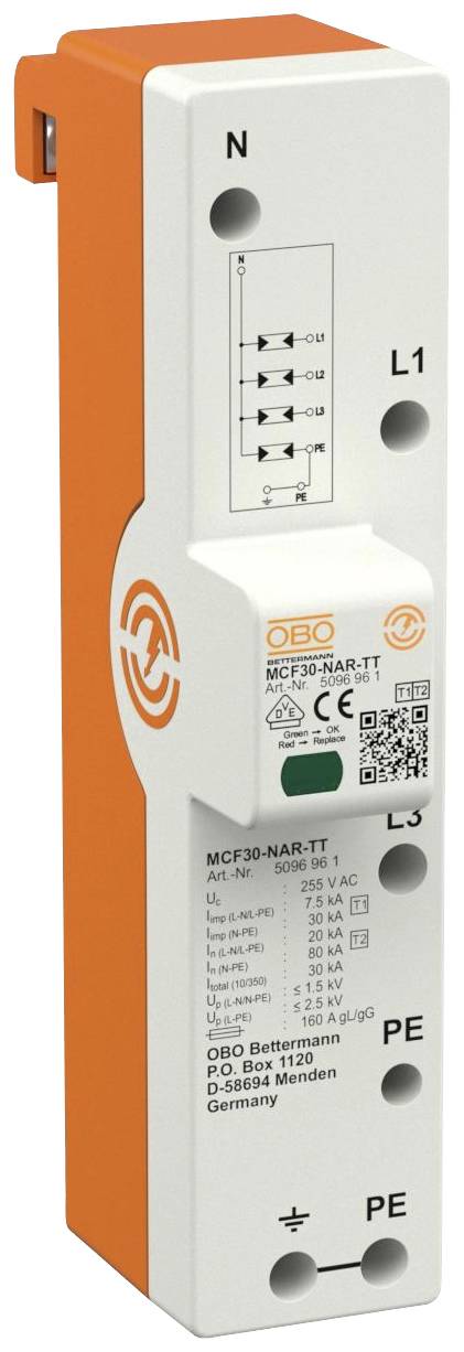 Überspannungsschutzgerät von OBO Bettermann, Modell MCF30-NAR-T1, für den Einsatz in elektrischen Niederspannungsanlagen.