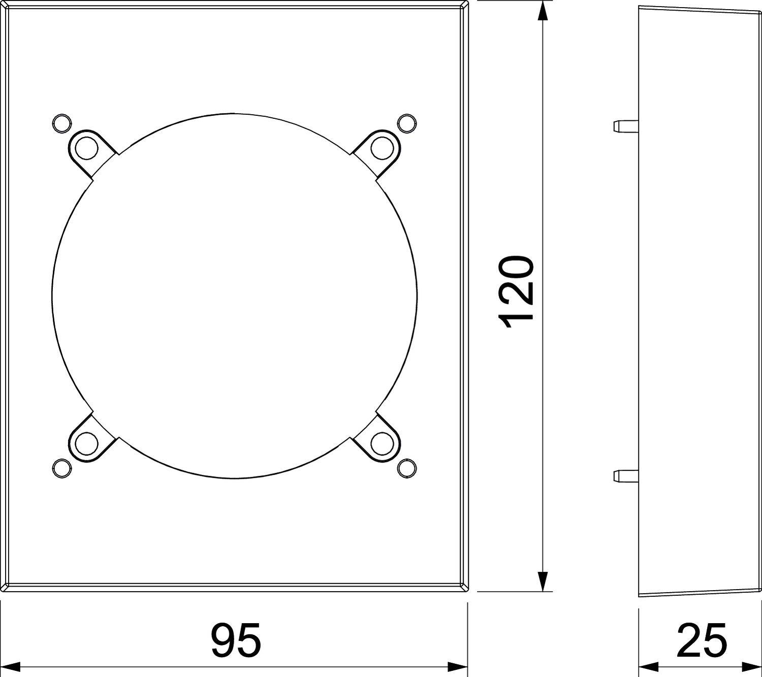 Technische Zeichnung einer rechteckigen Montageplatte mit runden Ausschnitt und Maßen: Breite 95 mm, Höhe 120 mm, Tiefe 25 mm.