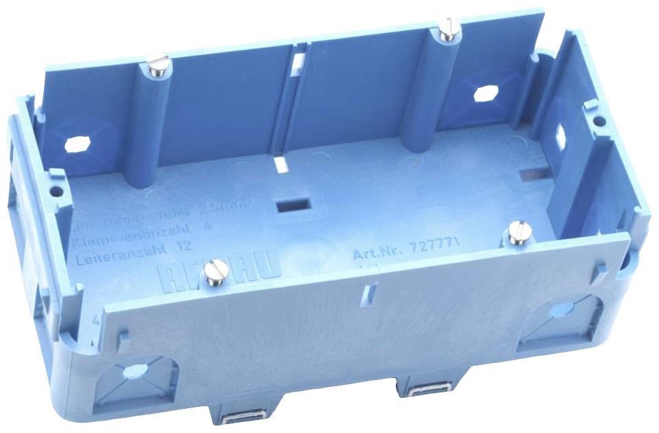 Kleine rechteckige blaue Kunststoffbox mit mehreren Öffnungen und Schrauben, möglicherweise für elektrische Installationen.
