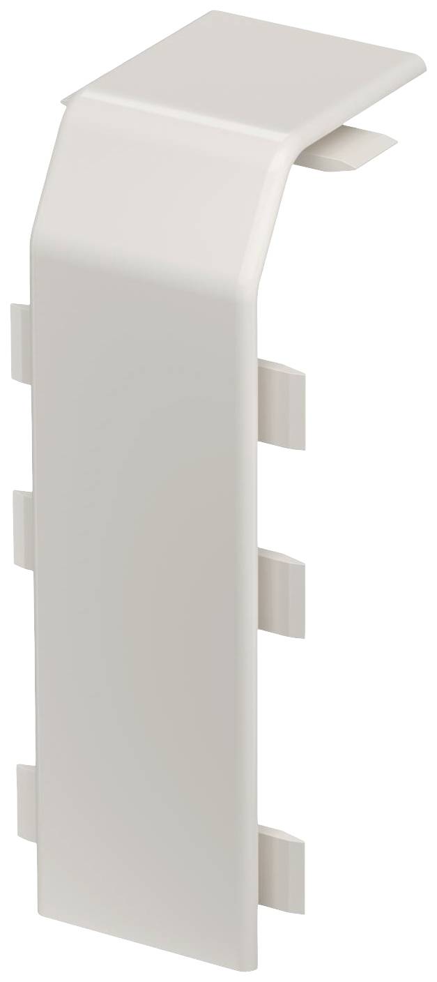 Eine weiße Kunststoffecke, die möglicherweise Teil eines Möbelstücks oder einer baulichen Komponente ist, mit mehreren Befestigungsclips.