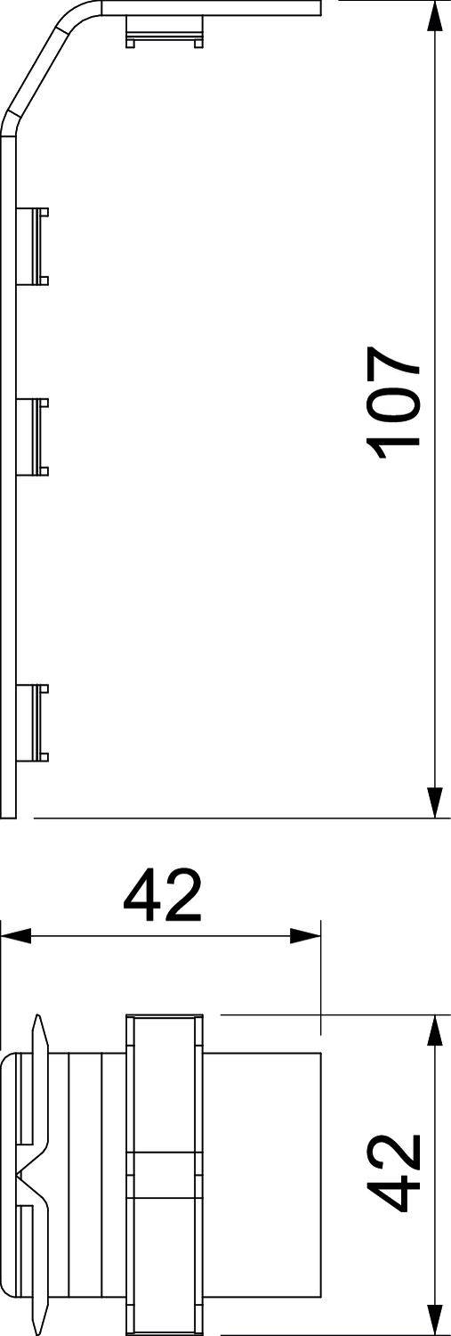 Technische Zeichnung eines Geräts mit Abmessungen: Höhe 107 mm, Breite 42 mm. Seitenansicht zeigt Befestigungselemente und Anschluss.