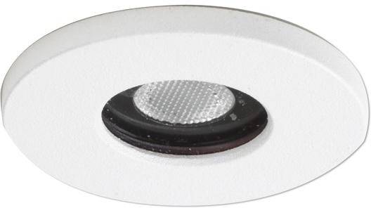 Eine weiße runde Deckenleuchte mit einem schwarzen inneren Ring und einer strukturierten Glasfläche in der Mitte.