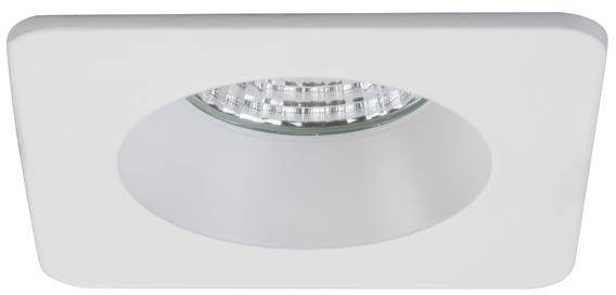 Weiße, quadratische LED-Deckenleuchte mit rundem, silbernem Reflektor, eingebaut in eine Decke für moderne Innenbeleuchtung.