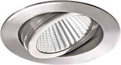 Runde Deckenlampe mit schwenkbarem LED-Einsatz, eingebaut in eine metallische Halterung. Energiesparend und modern designt.