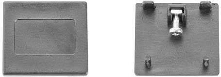 Zwei graue Metallplatten, eine zeigt eine glatte Oberfläche, die andere die Rückseite mit einer Schraube und zwei Befestigungsnasen.