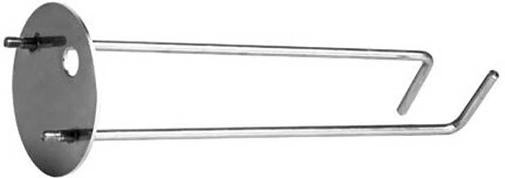 Ein langer, gebogener Metallstab mit einer runden Platte am Ende. Möglicherweise ein Teil eines Halters oder Befestigungselements.