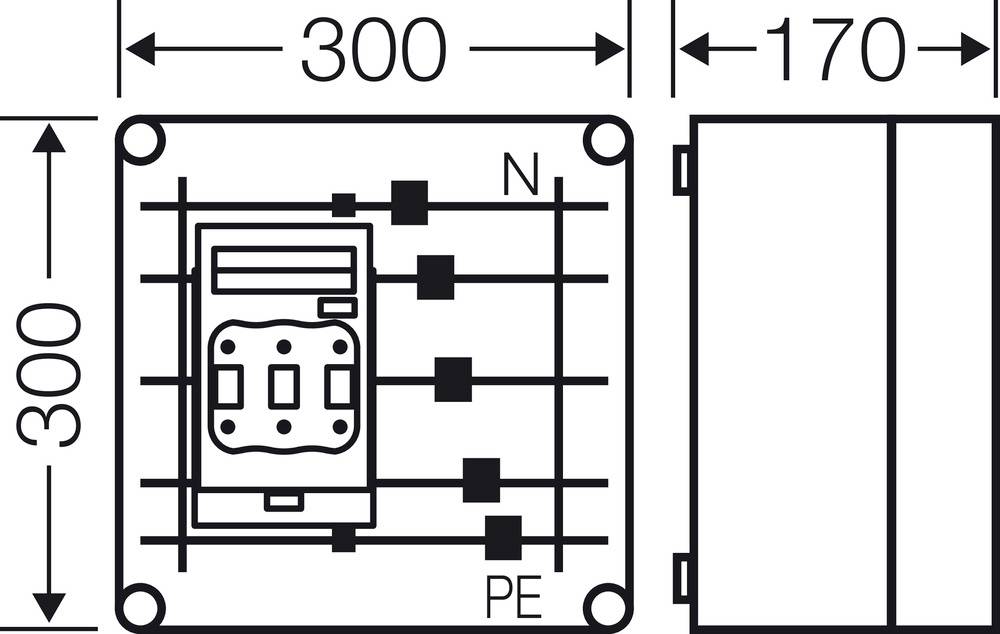 Technische Zeichnung zeigt Maße einer elektrischen Schalttafel: 300 mm x 170 mm. Links Kabelanschlüsse N, PE dargestellt.