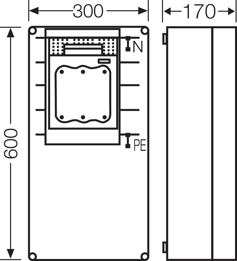 Technische Zeichnung eines rechteckigen Kastens mit den Maßen 300x170x600 mm. Anschlüsse mit Beschriftungen 'N' und 'PE'.