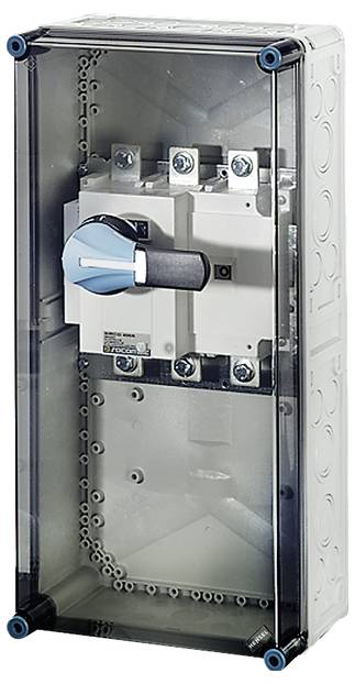 Elektrischer Schaltschrank mit transparentem Gehäuse, Innenansicht zeigt einen großen blauen Schalter zur Steuerung von Stromkreisen.