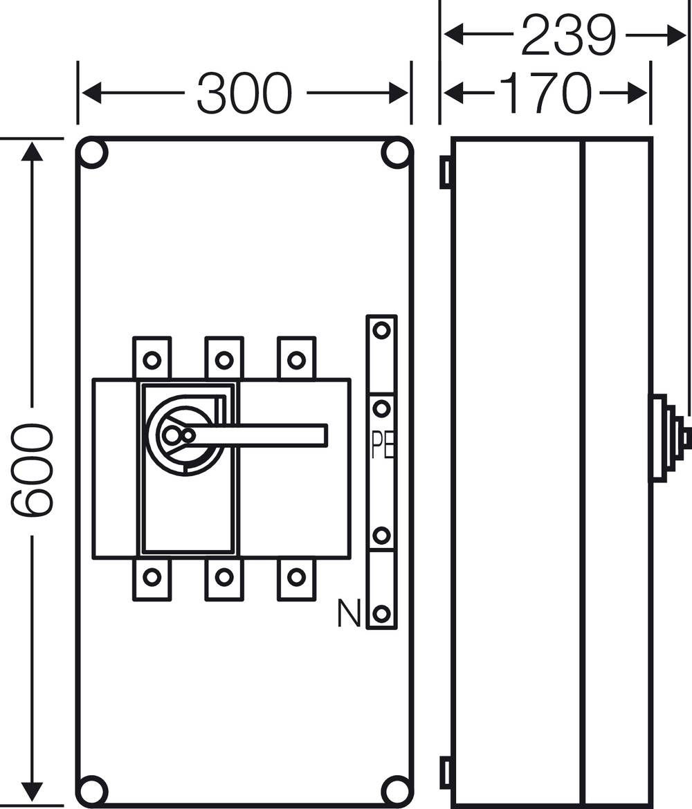 Technische Zeichnung einer rechteckigen Schalttafel mit Maßen: Höhe 600 mm, Breite 300 mm. Seitenansicht zeigt Tiefe 170 mm.