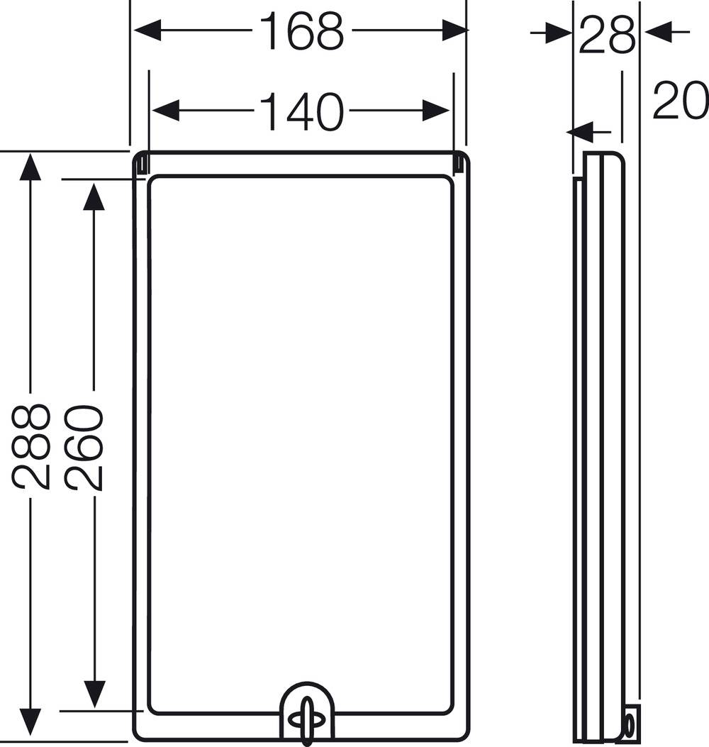 Technische Zeichnung eines rechteckigen Objekts mit Maßen: Breite 168 mm, Höhe 288 mm, Tiefe 28 mm. Zusätzliche Maße: 140 mm und 260 mm.