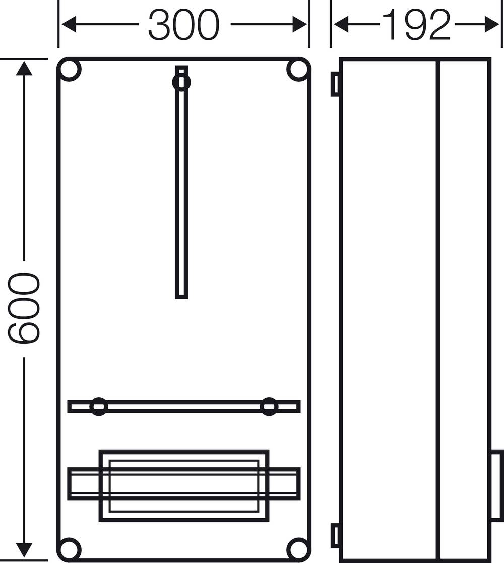 Technische Zeichnung eines rechteckigen Kastens mit den Maßen 300 mm x 600 mm x 192 mm, zeigt Vorder- und Seitenansicht.