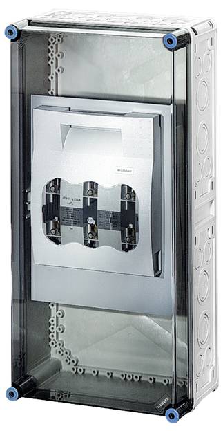 Ein transparenter Sicherungskasten mit drei Sicherungen im Inneren, montiert an einer Wand.