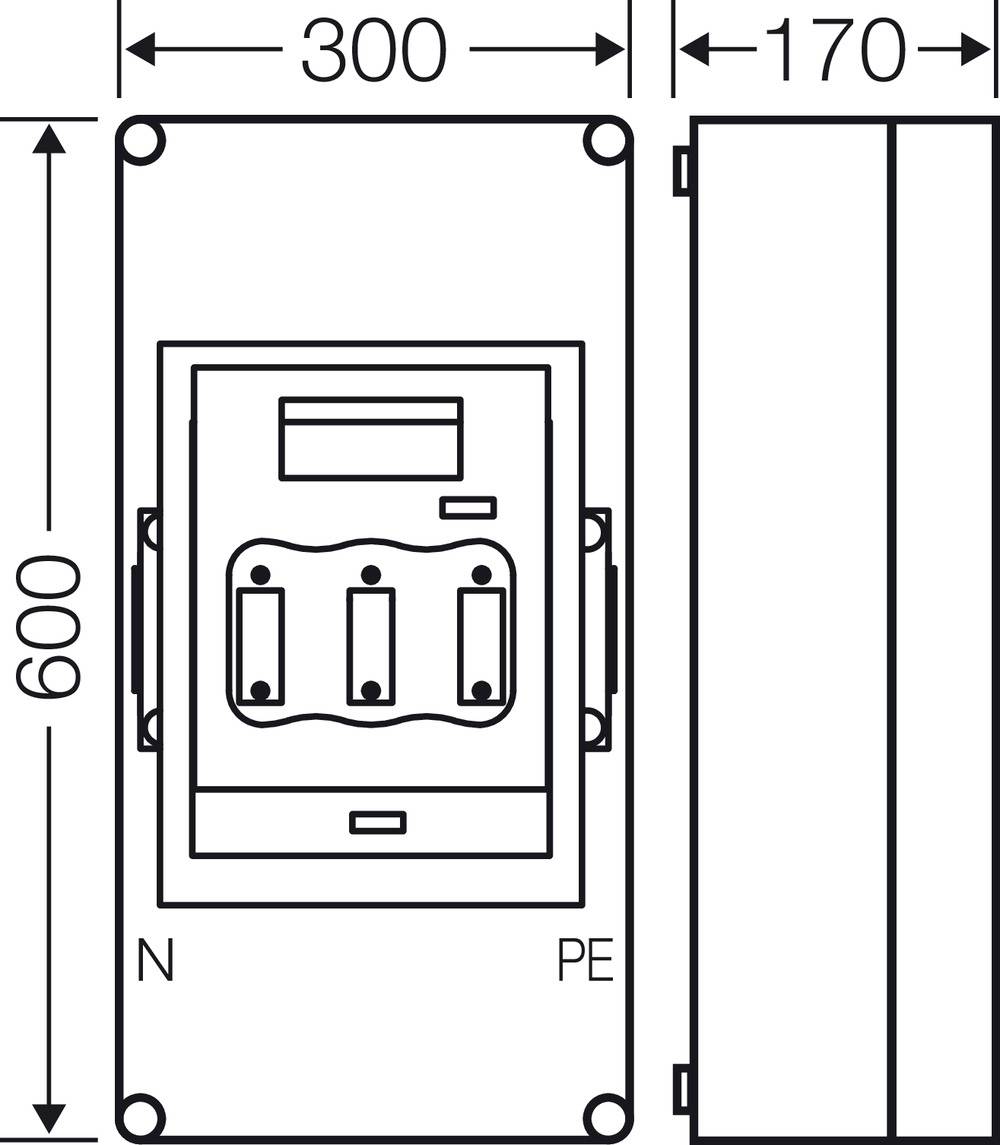 Schema eines rechteckigen elektrischen Schaltkastens, Maße: 300 mm Breite, 600 mm Höhe, 170 mm Tiefe. Vorderseite mit Kabelanschlüssen 'N' und 'PE'.