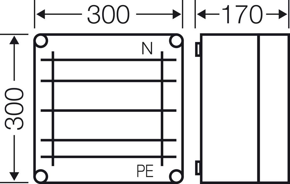 Schema einer elektrischen Verbindungsklemme. Zeigt Abmessungen: 300x300 mm frontal, 170 mm Seite. Markierungen: 'N' und 'PE' auf Frontansicht.