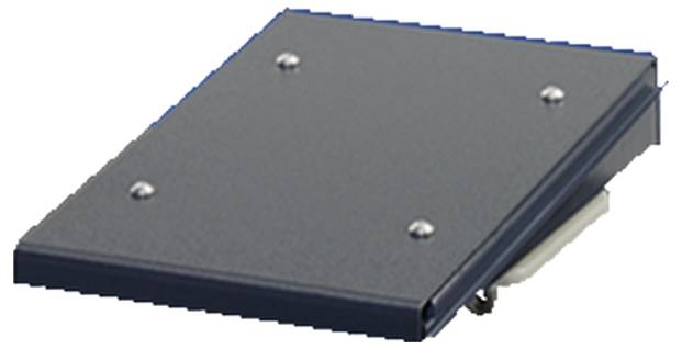 Metallplatte mit vier Schrauben, möglicherweise Teil eines mechanischen oder technischen Geräts.