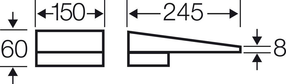 Abbildung eines Bauteils: Links ein rechteckiger Block (60 x 150 mm), rechts verjüngendes Element (245 x 8 mm).