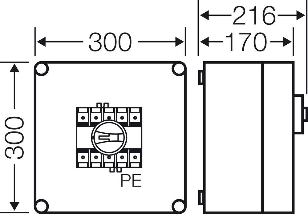 Technische Zeichnung eines rechteckigen Gehäuses mit den Maßen 300 x 300 x 170 mm. Ansichten von vorne und von der Seite.