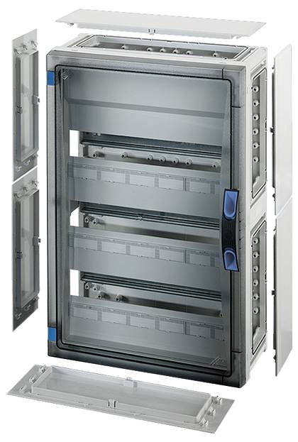 Ein graues, rechteckiges Gehäuse mit mehreren vertikalen Schienen für elektronische Komponenten, abnehmbare Seiten- und Vorderabdeckung.