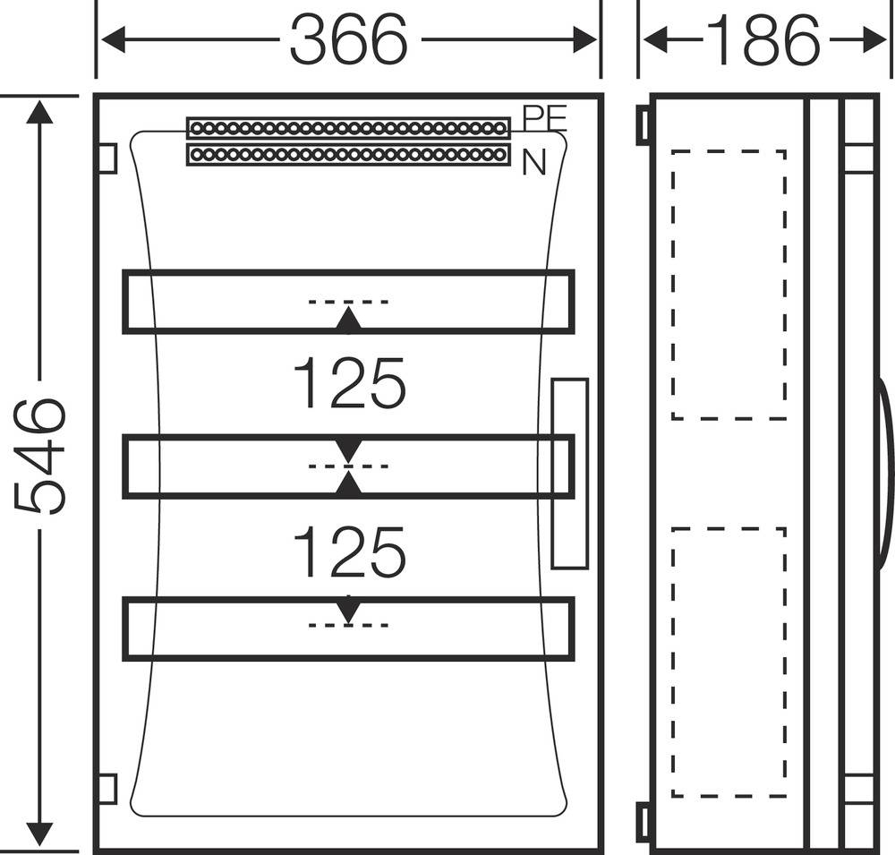 Technische Zeichnung eines rechteckigen Gehäuses mit den Maßen 366 x 546 x 186 mm. Es zeigt Innenansicht mit drei gleich großen Fächern.