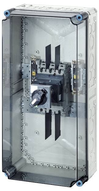 Elektrisches Schaltgerät in einem transparenten Gehäuse, das einen Schalter mit einem zentralen Drehknopf und Anschlüssen enthält.