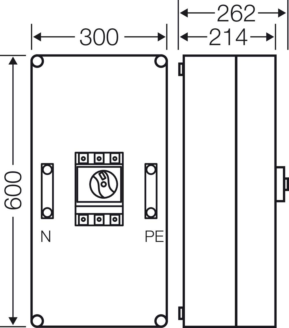 Technische Zeichnung eines rechteckigen elektrischen Geräts mit Maßen: Breite 300 mm, Höhe 600 mm, Tiefe 214 mm, seitlich 262 mm.