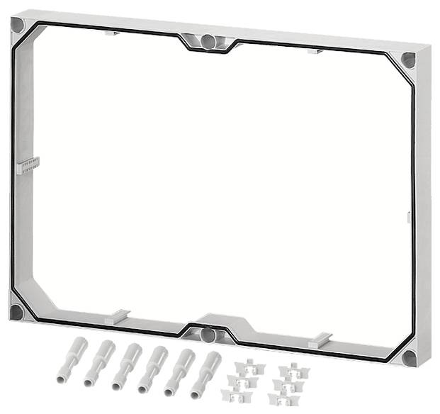 Grauer Rahmen mit rechteckiger Form, darunter zehn kleine weiße und graue Montageteile, auf weißem Hintergrund.