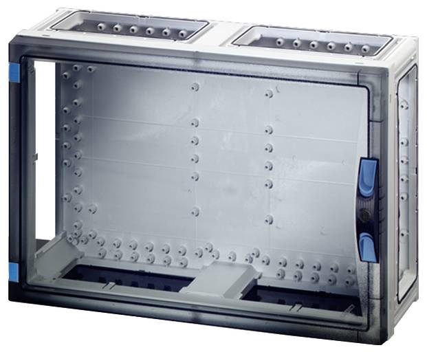 Leerer Schaltschrank aus Metall mit seitlicher Sicherungsverriegelung.