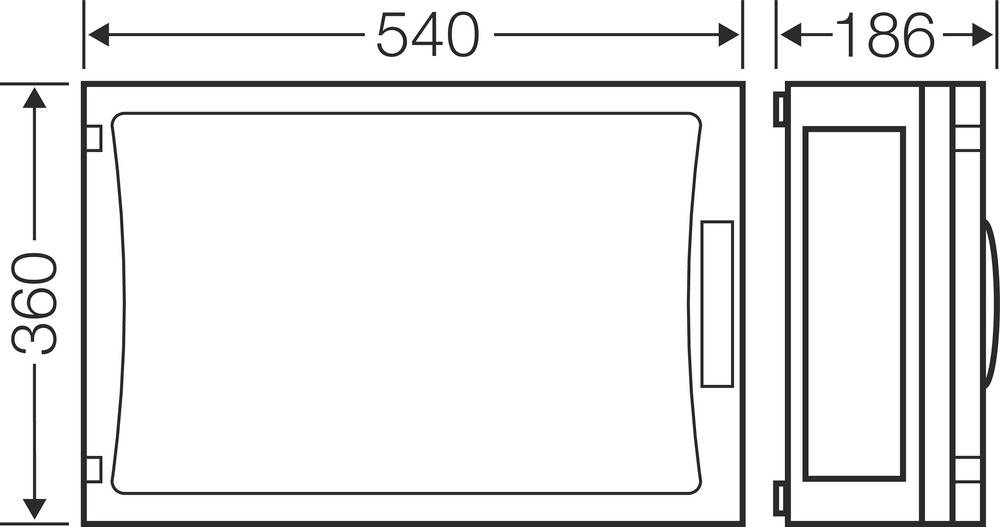 Abbildung einer technischen Zeichnung eines rechteckigen Geräts mit den Maßen 540 mm x 360 mm x 186 mm, Seiten- und Draufsicht.