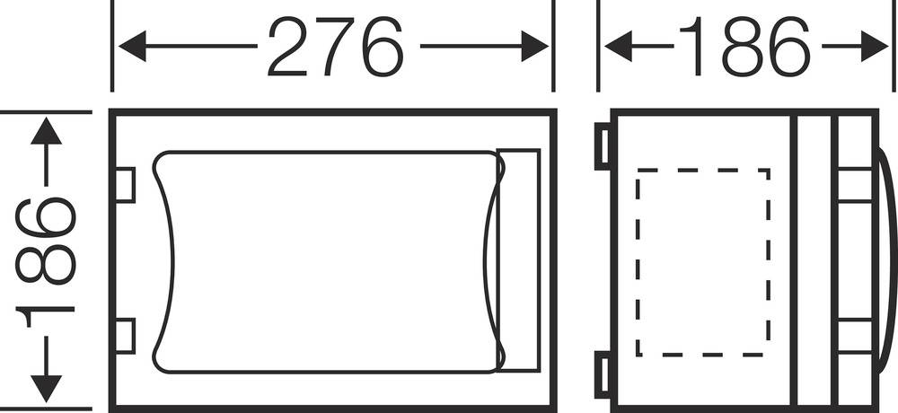 Technische Zeichnung: Rechteckiges Objekt, 276 mm breit, 186 mm hoch auf der Vorderseite. Seitenansicht zeigt Tiefe von 186 mm.