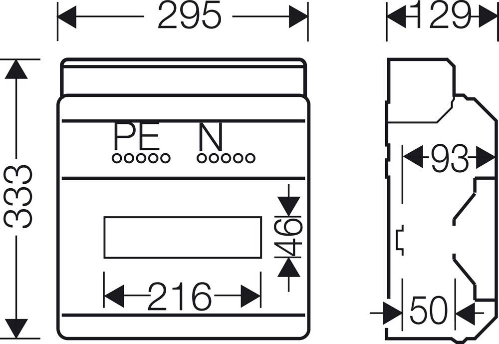 Technische Zeichnung eines rechteckigen Gehäuses mit Abmessungen: Breite 295 mm, Höhe 333 mm, Tiefe 129 mm. Beschriftungen 'PE' und 'N' oben.