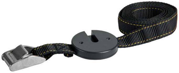 Ein schwarzer Ratschengurt mit Metallschnalle und Kunststoffbefestigung, geeignet zum sicheren Befestigen von Gegenständen.