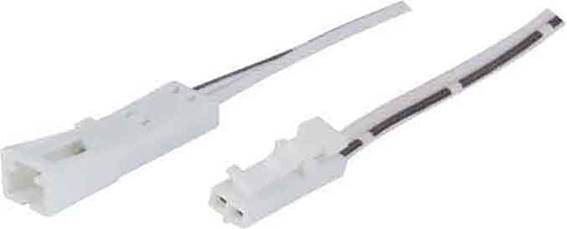 Zwei weiße elektrische Stecker mit schwarzem und weißem Kabel, verbunden und unverbunden dargestellt.