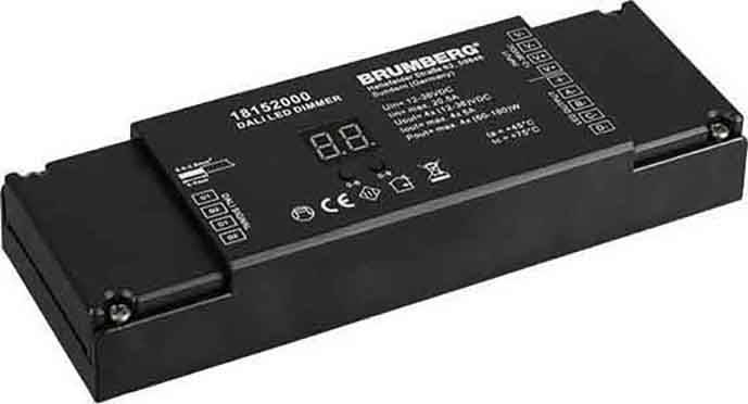 Schwarzer Dali-LED-Dimmer mit Digitalanzeige und Symbolen zur Steuerung von LED-Leuchten. Modellnummer 18452000, Marke Brumberg.