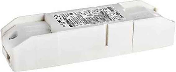 Rechteckiges elektronisches Gerät in weiß, mit technischen Informationen und CE-Zeichen auf der Oberseite. Möglicherweise ein Transformator.