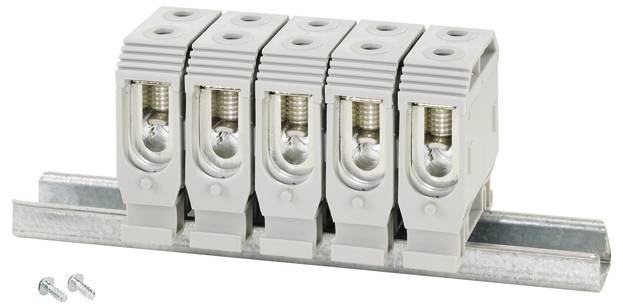 Eine fünfpolige Klemmenleiste auf einer Metallschiene, daneben zwei Schrauben. Gerillte Kunststoffabdeckungen decken die Klemmstellen ab.