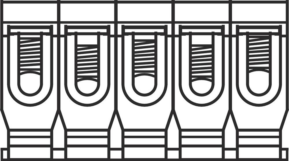 Zeichnung eines elektrischen Steckverbinders mit fünf identischen Anschlussklemmen.