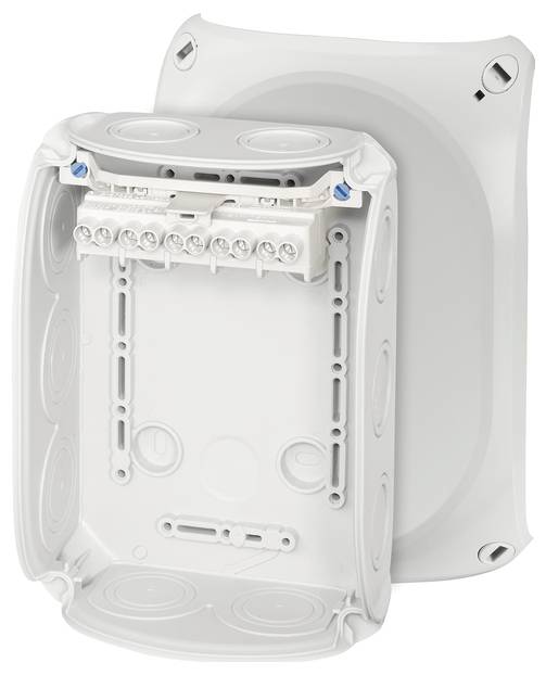 Weiße, rechteckige Abzweigdose mit geöffnetem Deckel und sichtbaren Kabeleinführungen, montierbarer Klemmenblock im Inneren.