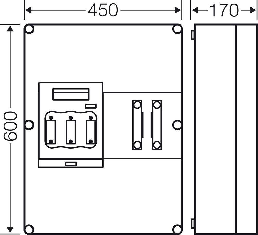 Technische Zeichnung eines rechteckigen Kastens mit den Maßen 600 x 450 x 170 mm. Zeigt Geräteanschlüsse und Befestigungspunkte.
