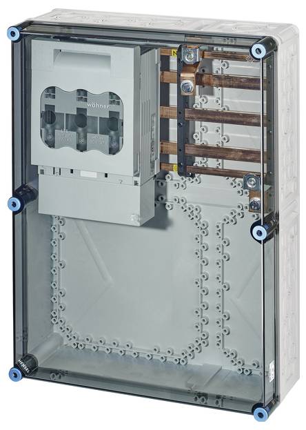 Ein transparenter Sicherungskasten zeigt innenliegende Kupferschienen und elektrische Anschlüsse. Oben links ist ein grauer Schaltkasten.